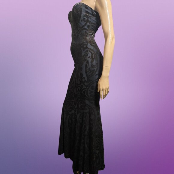 Y2K Maxi Dress Party Cocktail Size S Black Flocked Velvet Mermaid Fishtail - Picture 5 of 13